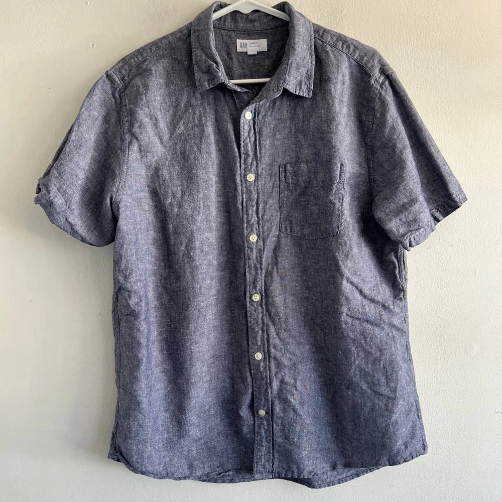 Men's GAP Blue Standard Fit Linen Blend Casual Button Down Shirt L